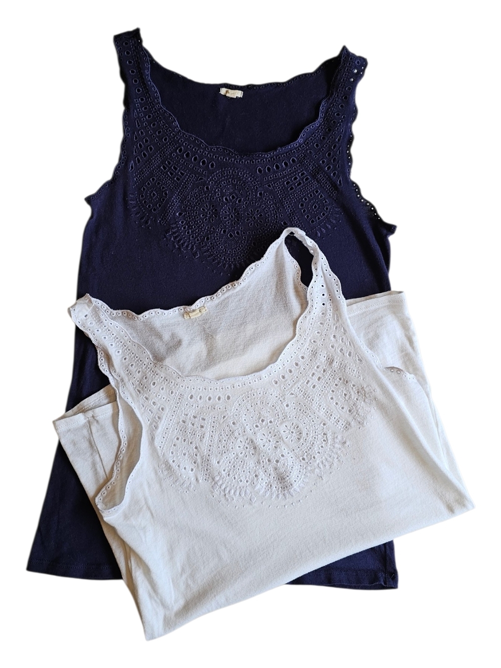 J.Crew Eyelet Tank Bundle XS Navy Ivory Cotton Lace Trim Sleeveless 2pc
